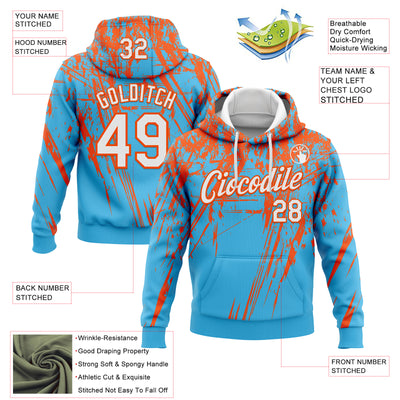 Custom Stitched Sky Blue White-Orange 3D Pattern Design Splash Grunge Art Sports Pullover Sweatshirt Hoodie