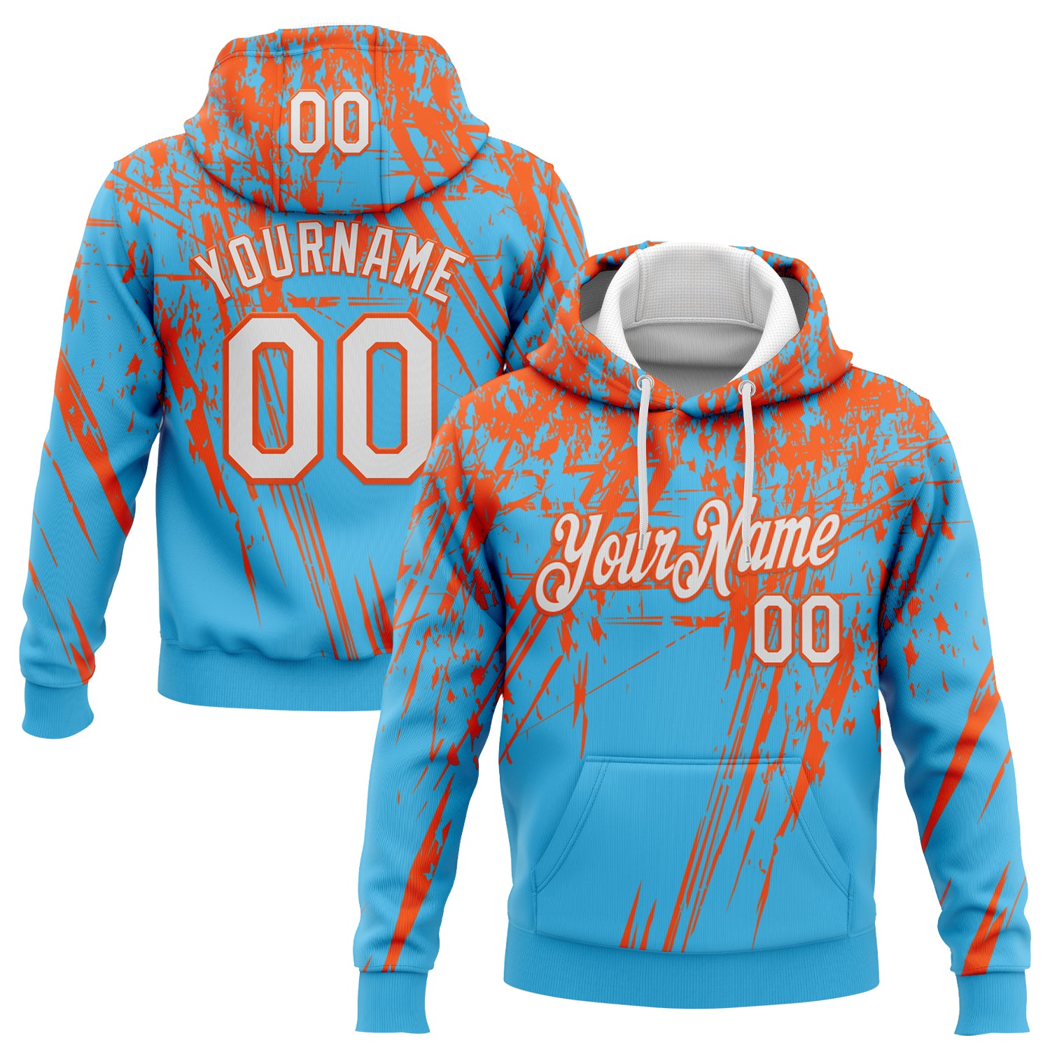 Custom Stitched Sky Blue White-Orange 3D Pattern Design Splash Grunge Art Sports Pullover Sweatshirt Hoodie