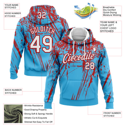 Custom Stitched Sky Blue White-Red 3D Pattern Design Splash Grunge Art Sports Pullover Sweatshirt Hoodie
