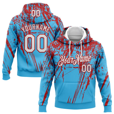 Custom Stitched Sky Blue White-Red 3D Pattern Design Splash Grunge Art Sports Pullover Sweatshirt Hoodie