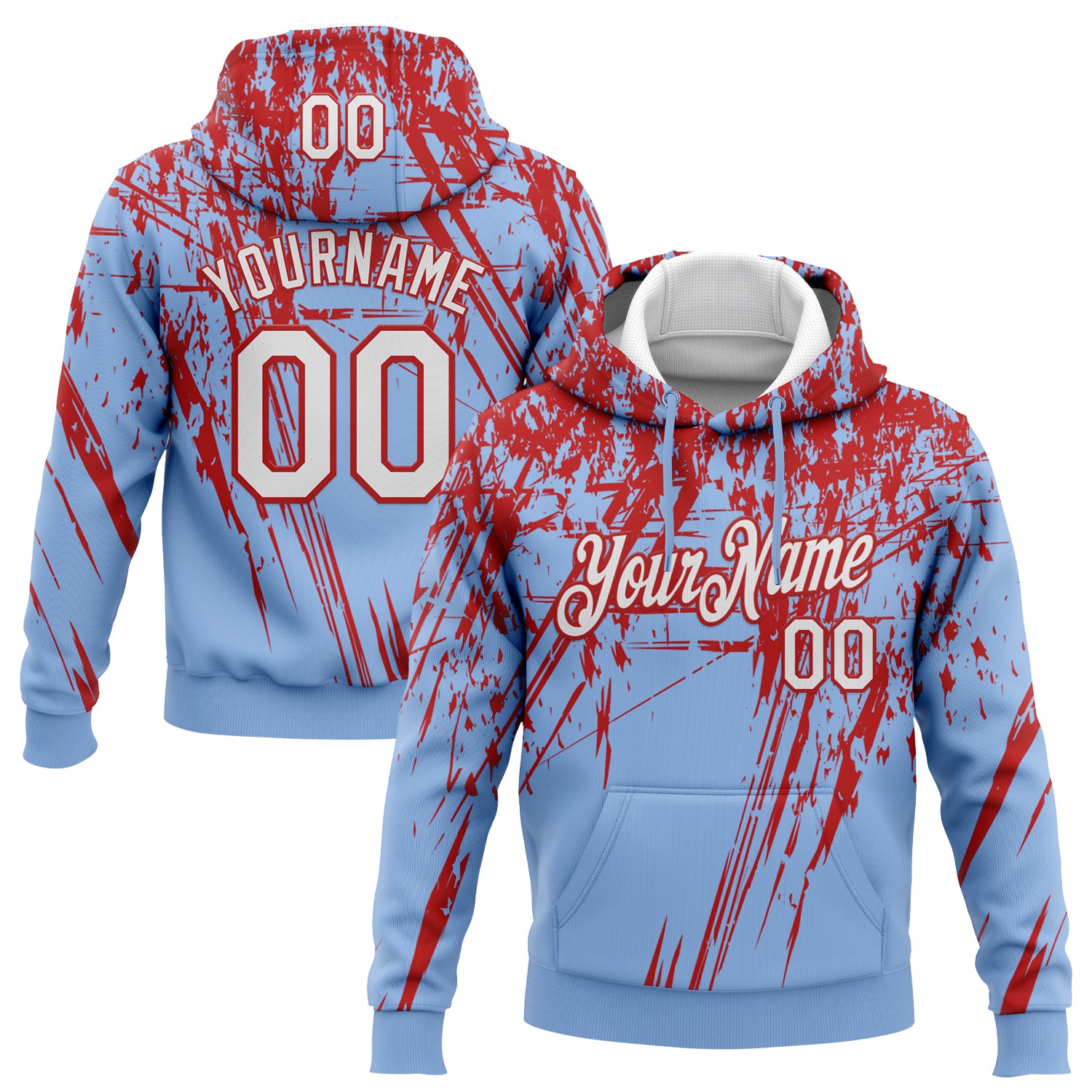 Custom Stitched Light Blue White-Red 3D Pattern Design Splash Grunge Art Sports Pullover Sweatshirt Hoodie