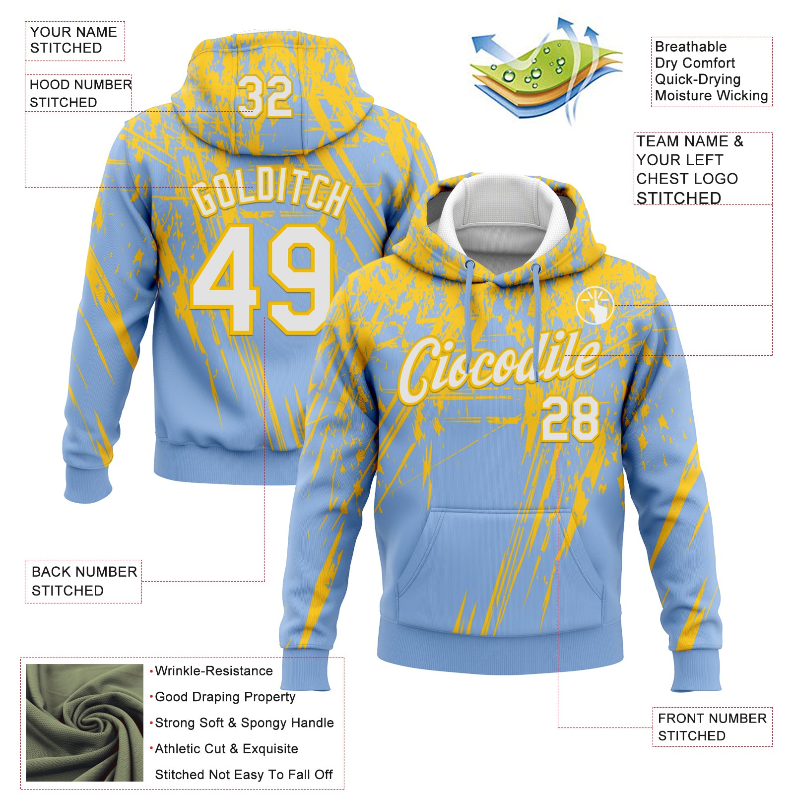 Custom Stitched Light Blue White-Yellow 3D Pattern Design Splash Grunge Art Sports Pullover Sweatshirt Hoodie
