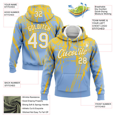 Custom Stitched Light Blue White-Yellow 3D Pattern Design Splash Grunge Art Sports Pullover Sweatshirt Hoodie