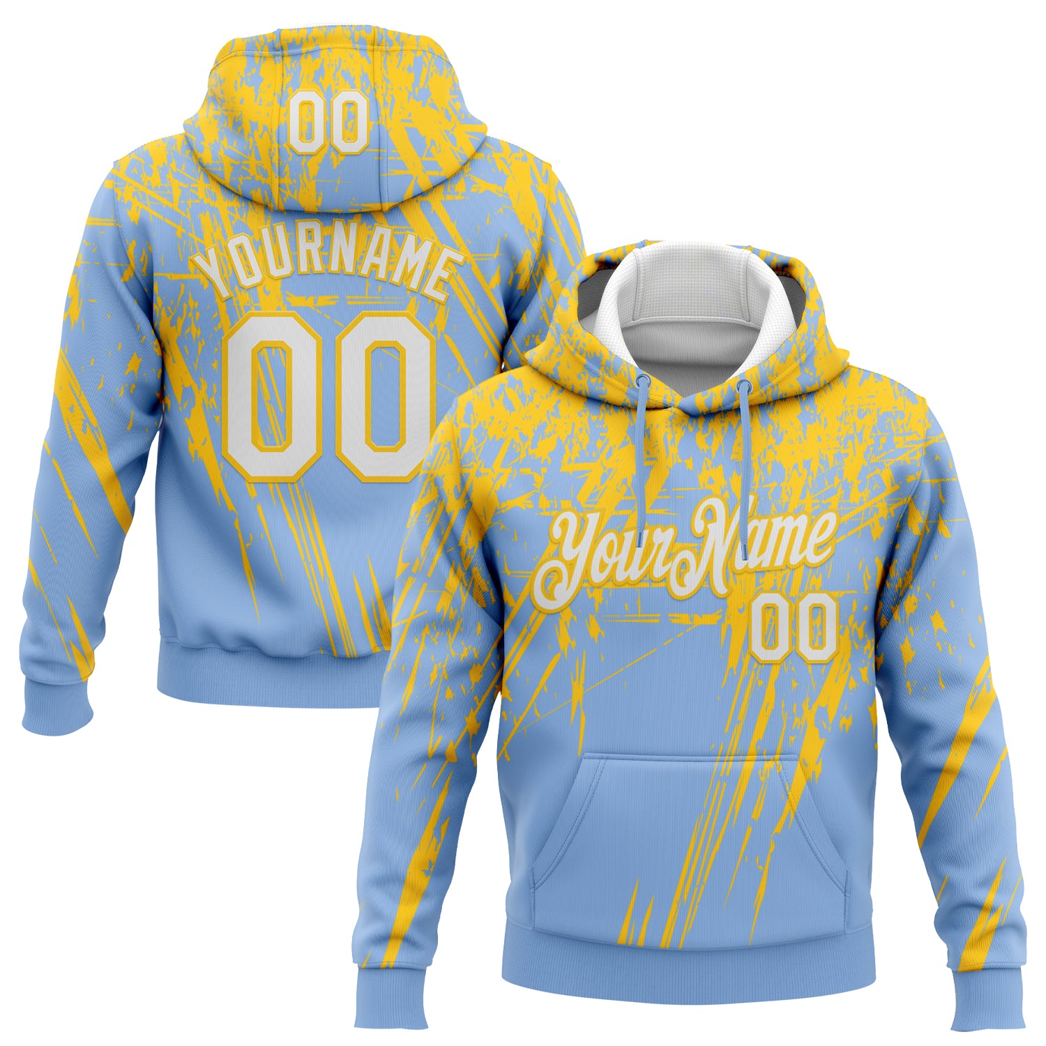 Custom Stitched Light Blue White-Yellow 3D Pattern Design Splash Grunge Art Sports Pullover Sweatshirt Hoodie