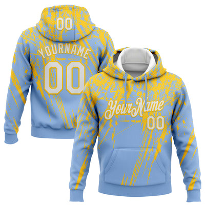 Custom Stitched Light Blue White-Yellow 3D Pattern Design Splash Grunge Art Sports Pullover Sweatshirt Hoodie
