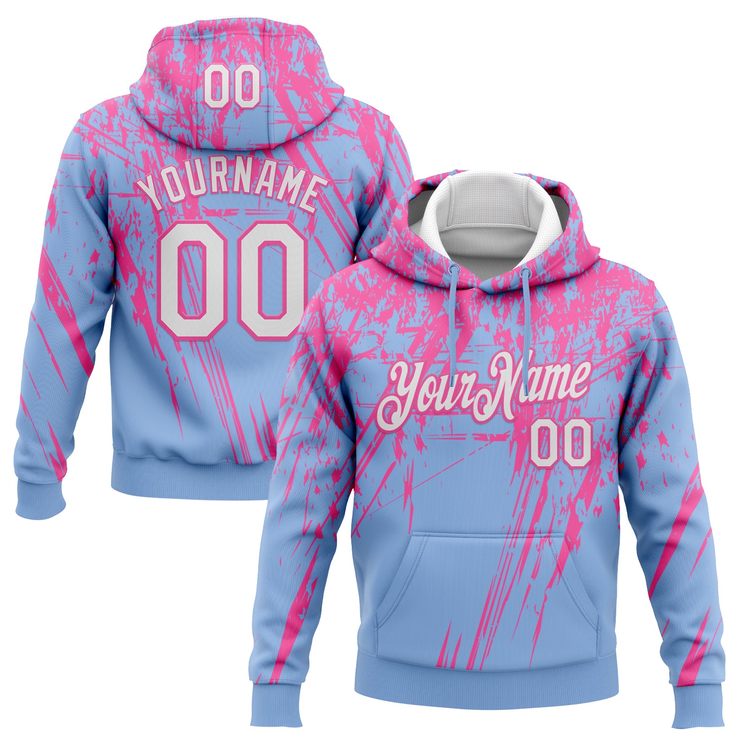 Custom Stitched Light Blue White-Pink 3D Pattern Design Splash Grunge Art Sports Pullover Sweatshirt Hoodie