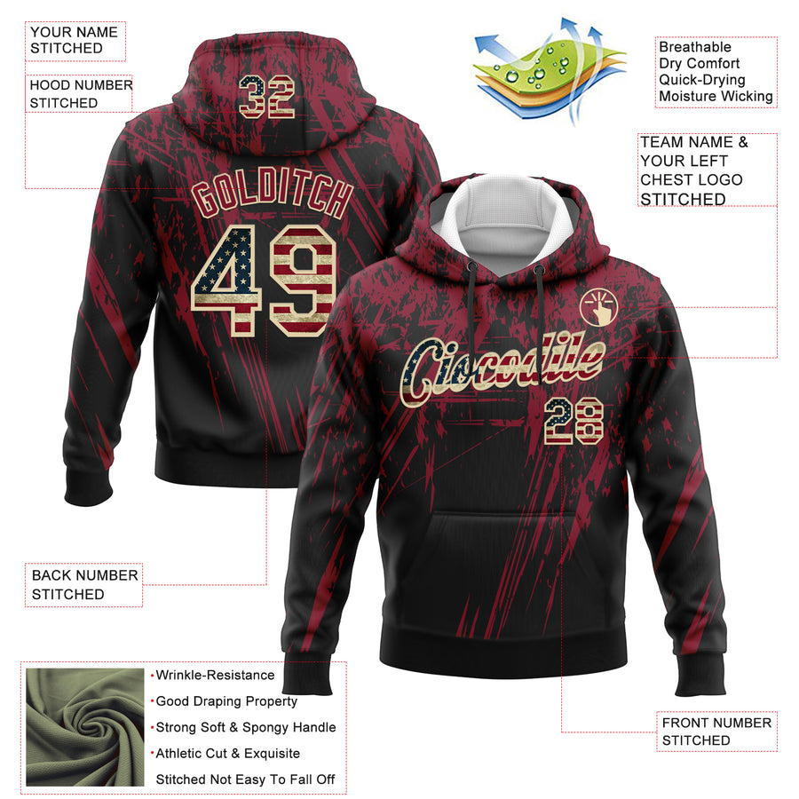 Custom Stitched Black Vintage USA Flag Crimson-Cream 3D Pattern Design Splash Grunge Art Sports Pullover Sweatshirt Hoodie