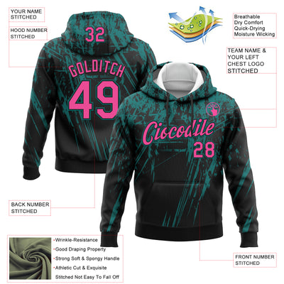 Custom Stitched Black Pink-Teal 3D Pattern Design Splash Grunge Art Sports Pullover Sweatshirt Hoodie