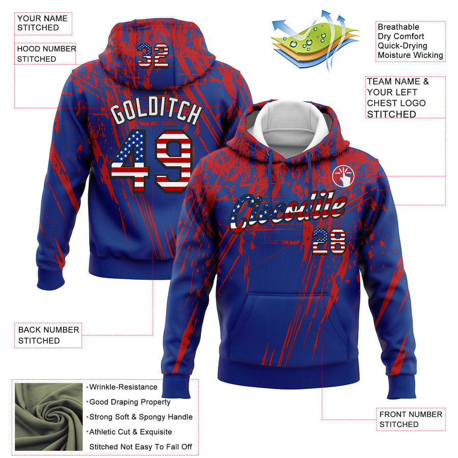 Custom Stitched Royal USA Flag Red Black-White 3D Pattern Design Splash Grunge Art Sports Pullover Sweatshirt Hoodie