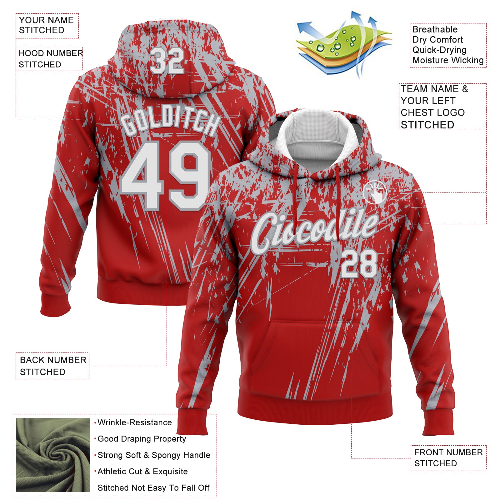 Custom Stitched Red White-Gray 3D Pattern Design Splash Grunge Art Sports Pullover Sweatshirt Hoodie