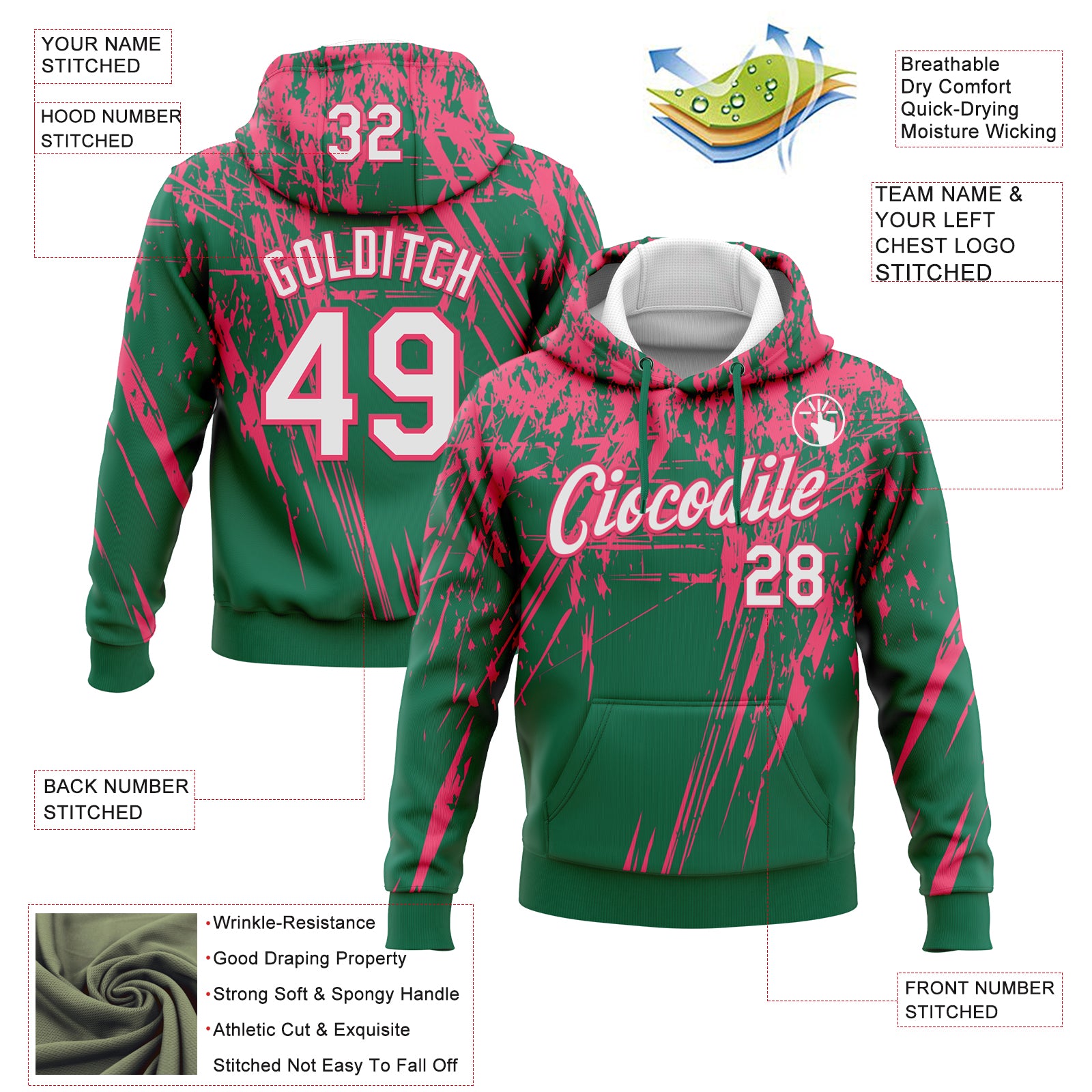 Custom Stitched Kelly Green White-Neon Pink 3D Pattern Design Splash Grunge Art Sports Pullover Sweatshirt Hoodie