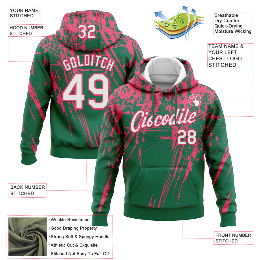 Custom Stitched Kelly Green White-Neon Pink 3D Pattern Design Splash Grunge Art Sports Pullover Sweatshirt Hoodie