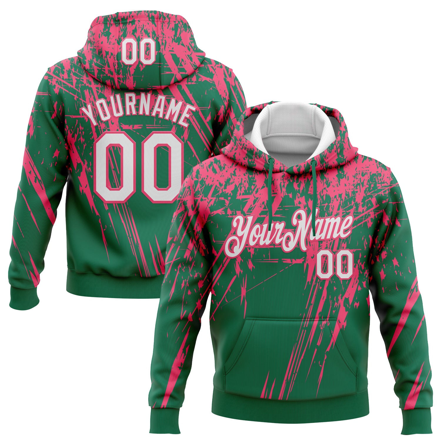 Custom Stitched Kelly Green White-Neon Pink 3D Pattern Design Splash Grunge Art Sports Pullover Sweatshirt Hoodie