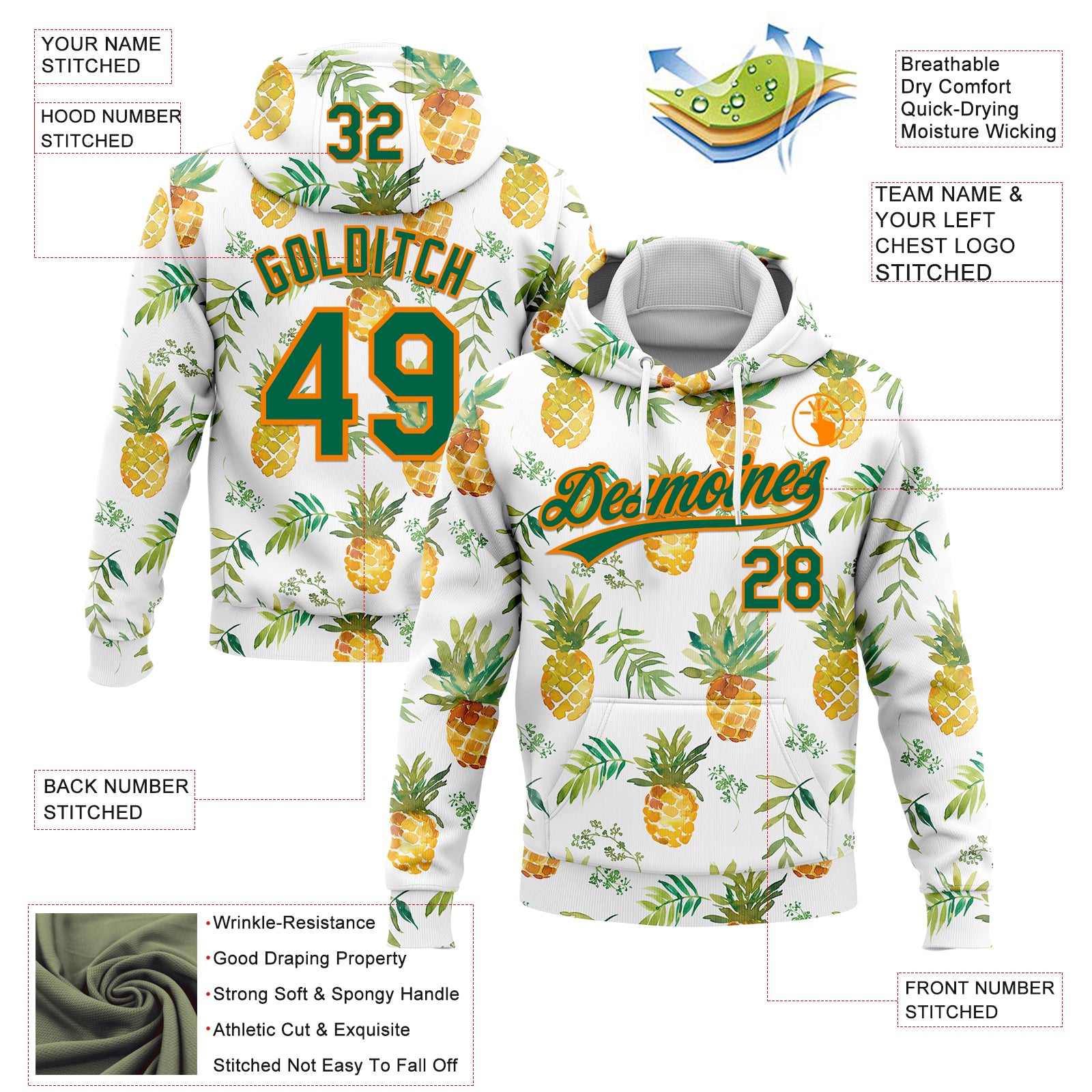 Custom Stitched White Kelly Green-Bay Orange 3D Pattern Design Fruit Pineapples Sports Pullover Sweatshirt Hoodie