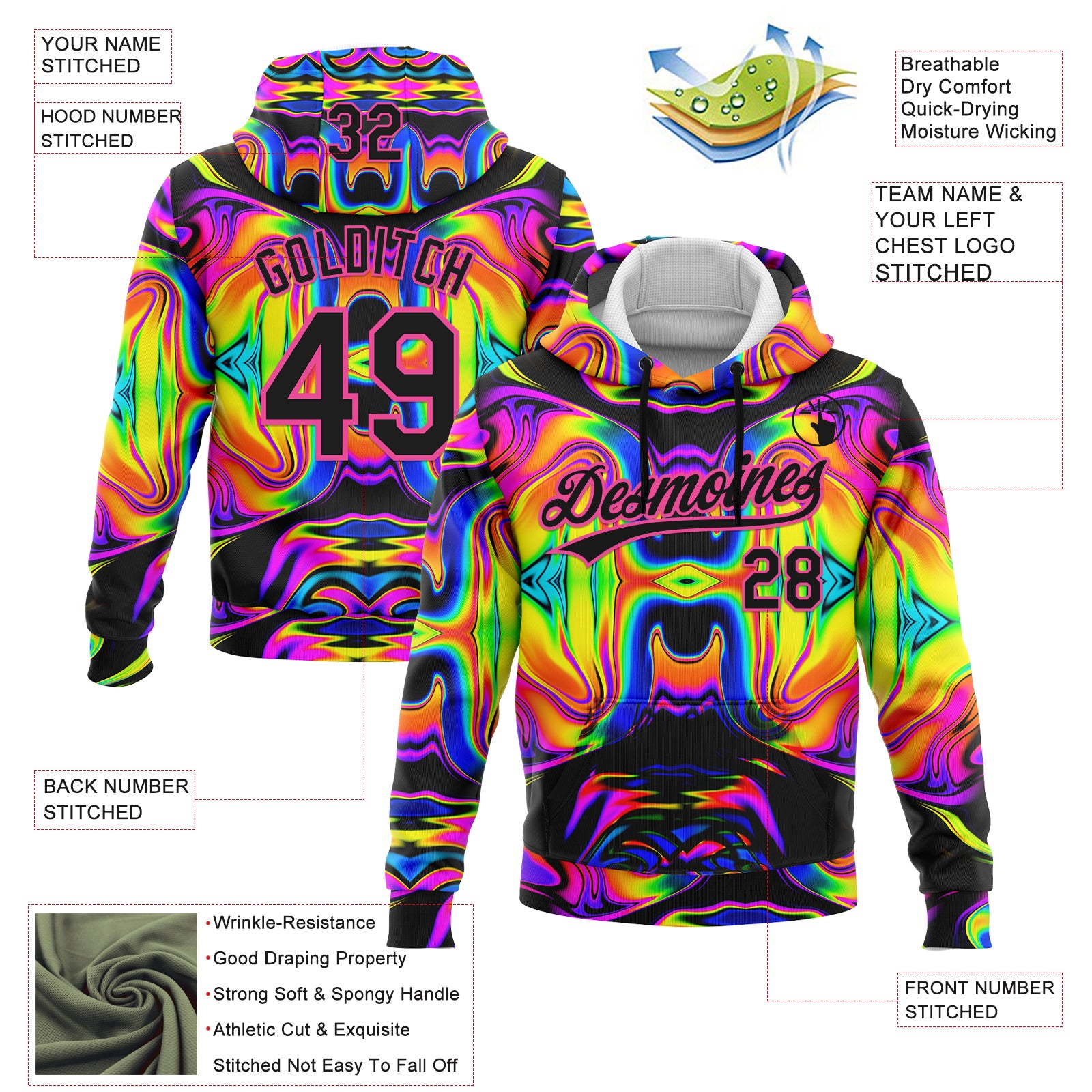 Custom Stitched Black Pink 3D Pattern Design Abstract Iridescent Psychedelic Swirl Fluid Art Sports Pullover Sweatshirt Hoodie