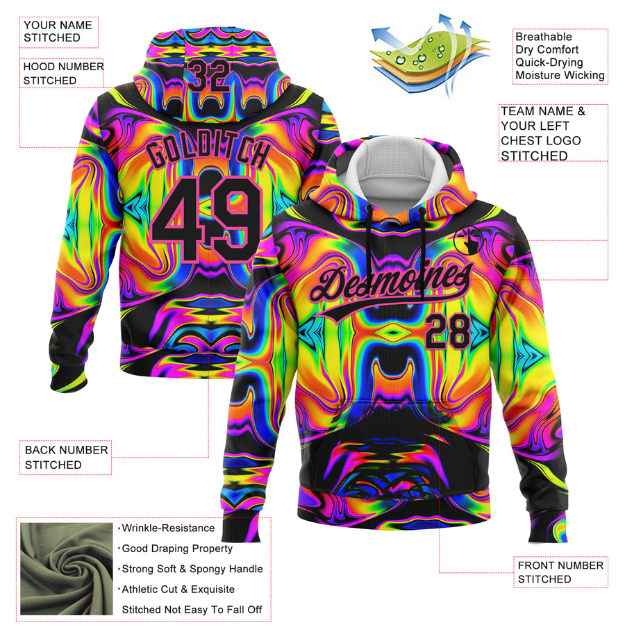 Custom Stitched Black Pink 3D Pattern Design Abstract Iridescent Psychedelic Swirl Fluid Art Sports Pullover Sweatshirt Hoodie