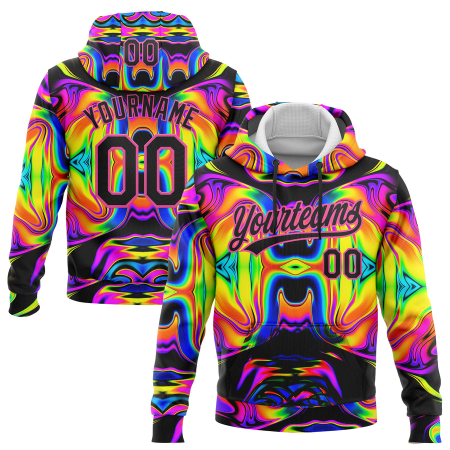 Custom Stitched Black Pink 3D Pattern Design Abstract Iridescent Psychedelic Swirl Fluid Art Sports Pullover Sweatshirt Hoodie