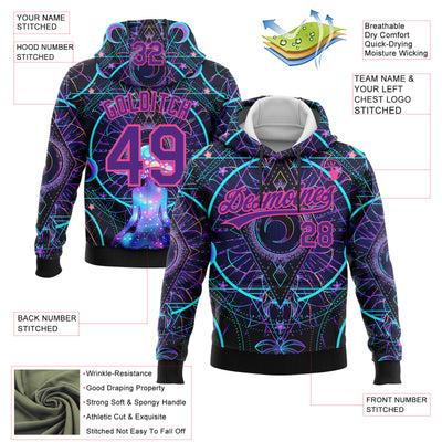 Custom Stitched Black Purple-Pink 3D Pattern Design Magic Mushrooms Over Sacred Geometry Psychedelic Hallucination Sports Pullover Sweatshirt Hoodie