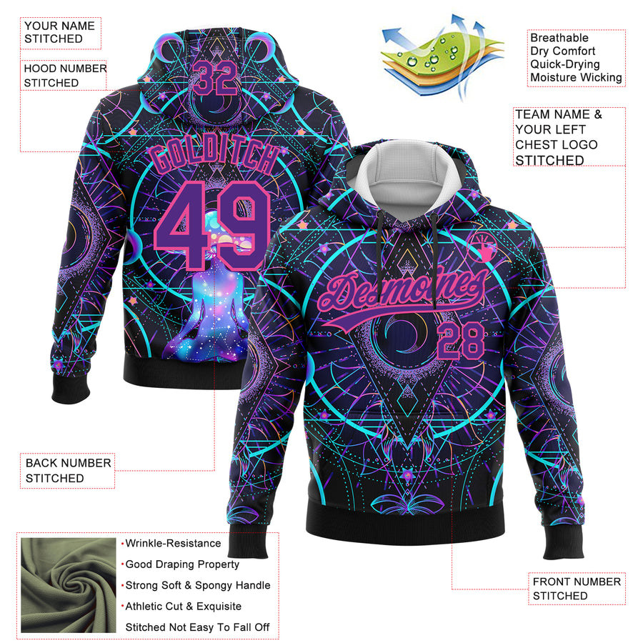 Custom Stitched Black Purple-Pink 3D Pattern Design Magic Mushrooms Over Sacred Geometry Psychedelic Hallucination Sports Pullover Sweatshirt Hoodie