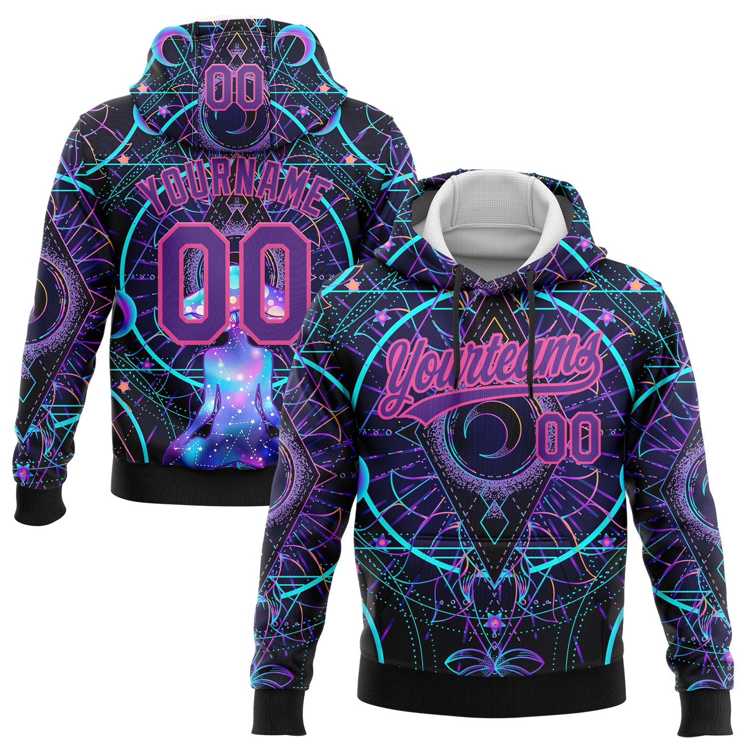 Custom Stitched Black Purple-Pink 3D Pattern Design Magic Mushrooms Over Sacred Geometry Psychedelic Hallucination Sports Pullover Sweatshirt Hoodie