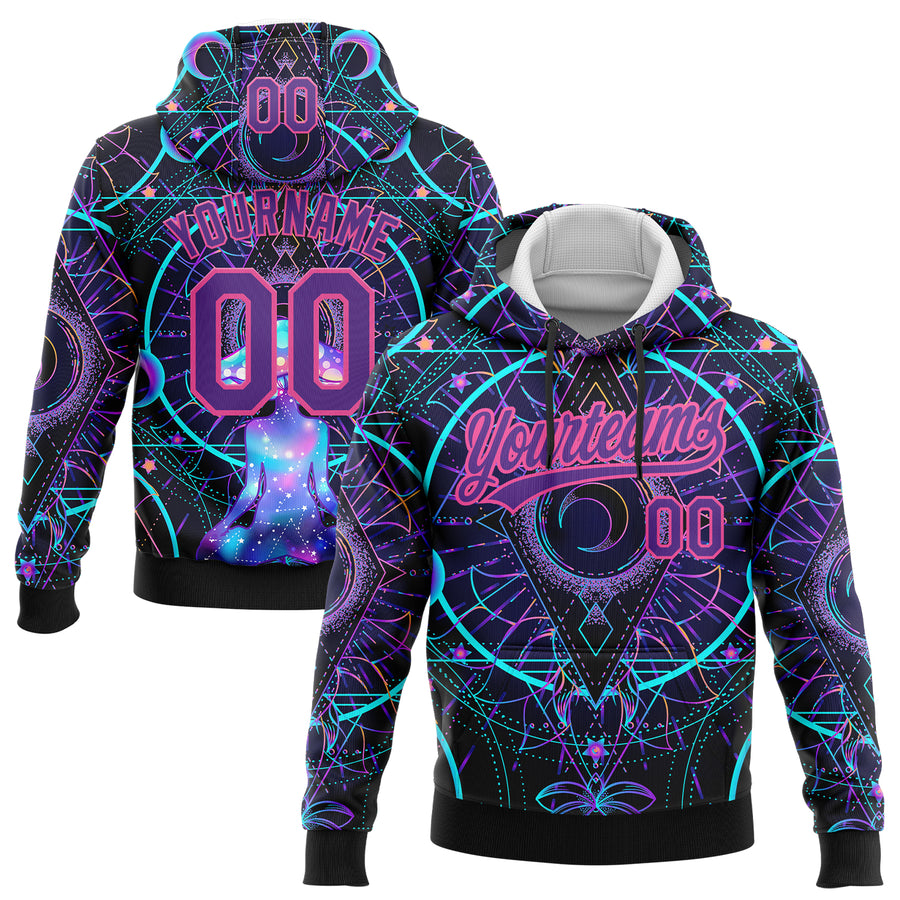 Custom Stitched Black Purple-Pink 3D Pattern Design Magic Mushrooms Over Sacred Geometry Psychedelic Hallucination Sports Pullover Sweatshirt Hoodie