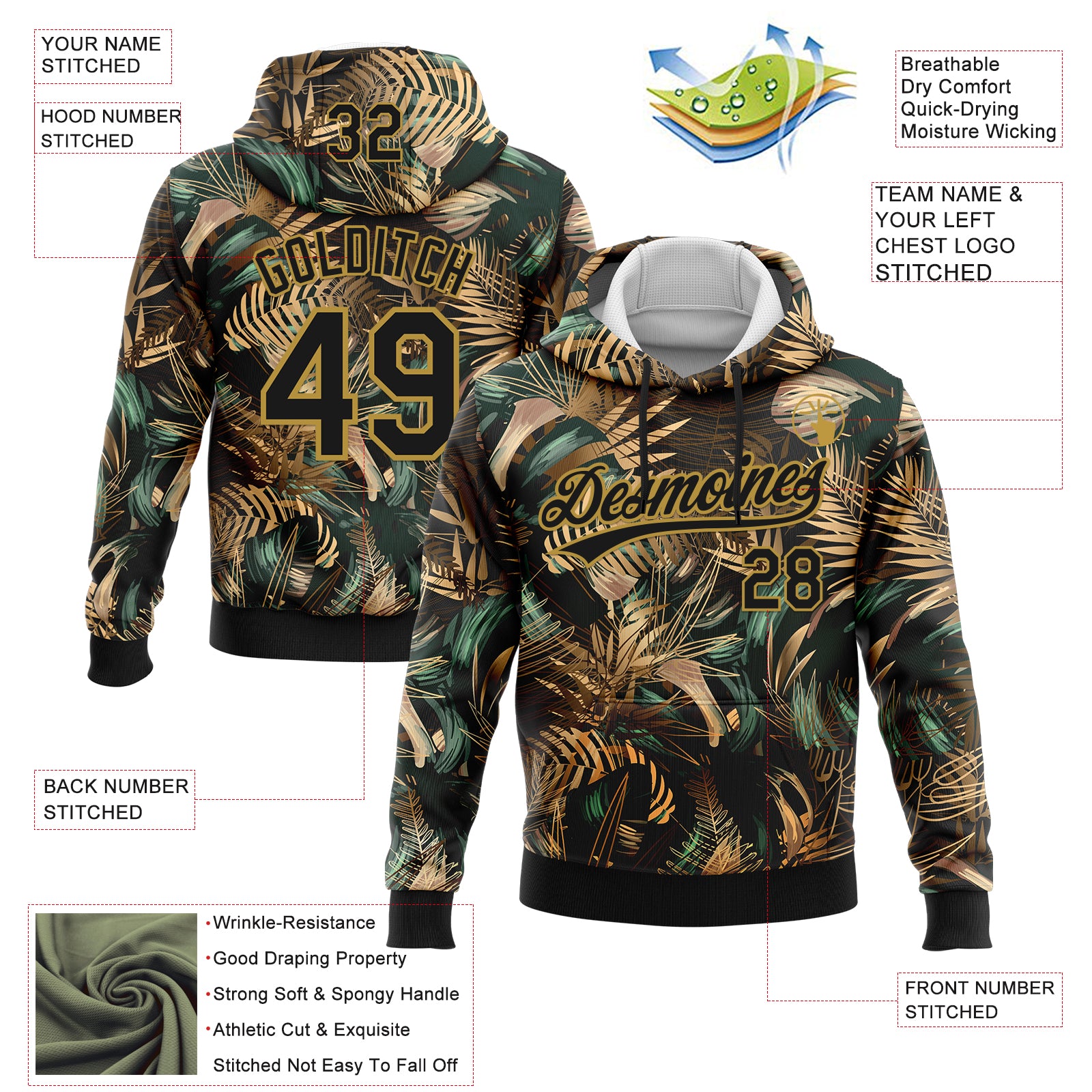 Custom Stitched Black Old Gold 3D Tropical Leaves In The Style Of Jungle And Hawaii Sports Pullover Sweatshirt Hoodie