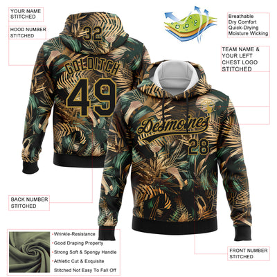 Custom Stitched Black Old Gold 3D Tropical Leaves In The Style Of Jungle And Hawaii Sports Pullover Sweatshirt Hoodie