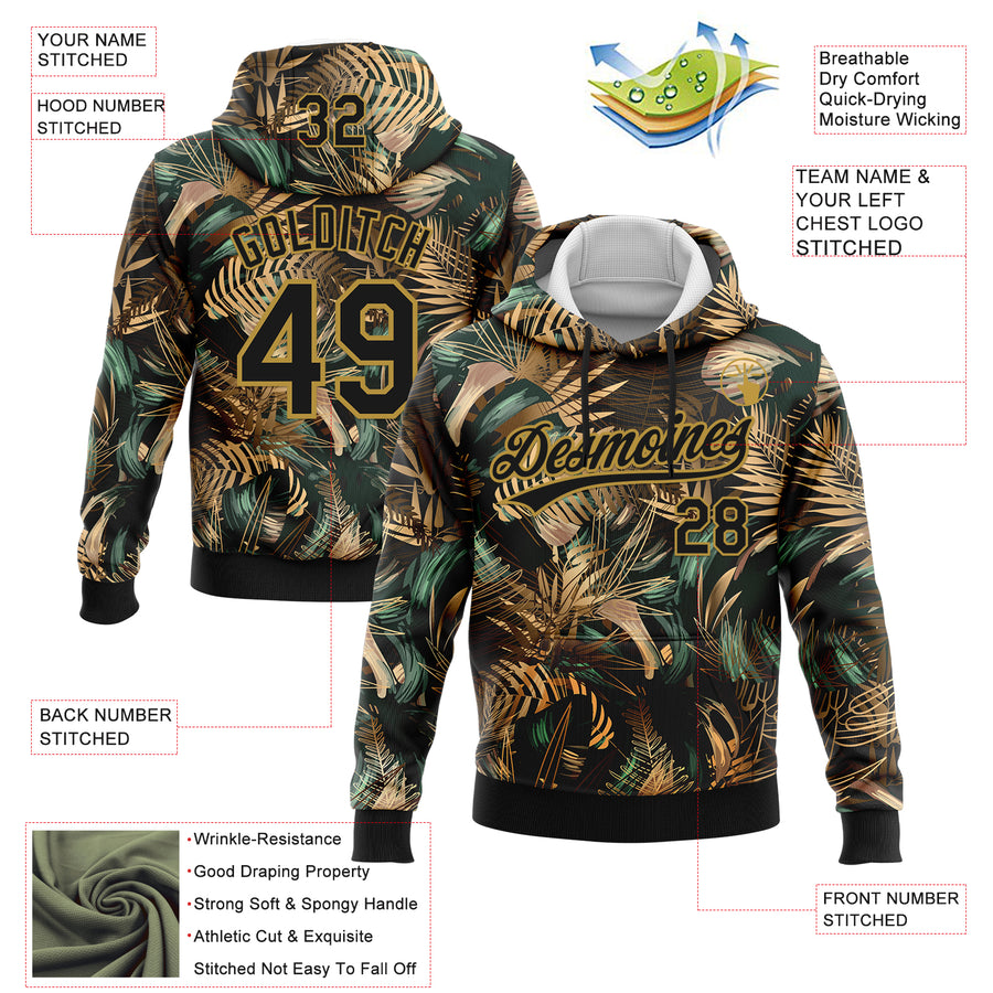 Custom Stitched Black Old Gold 3D Tropical Leaves In The Style Of Jungle And Hawaii Sports Pullover Sweatshirt Hoodie