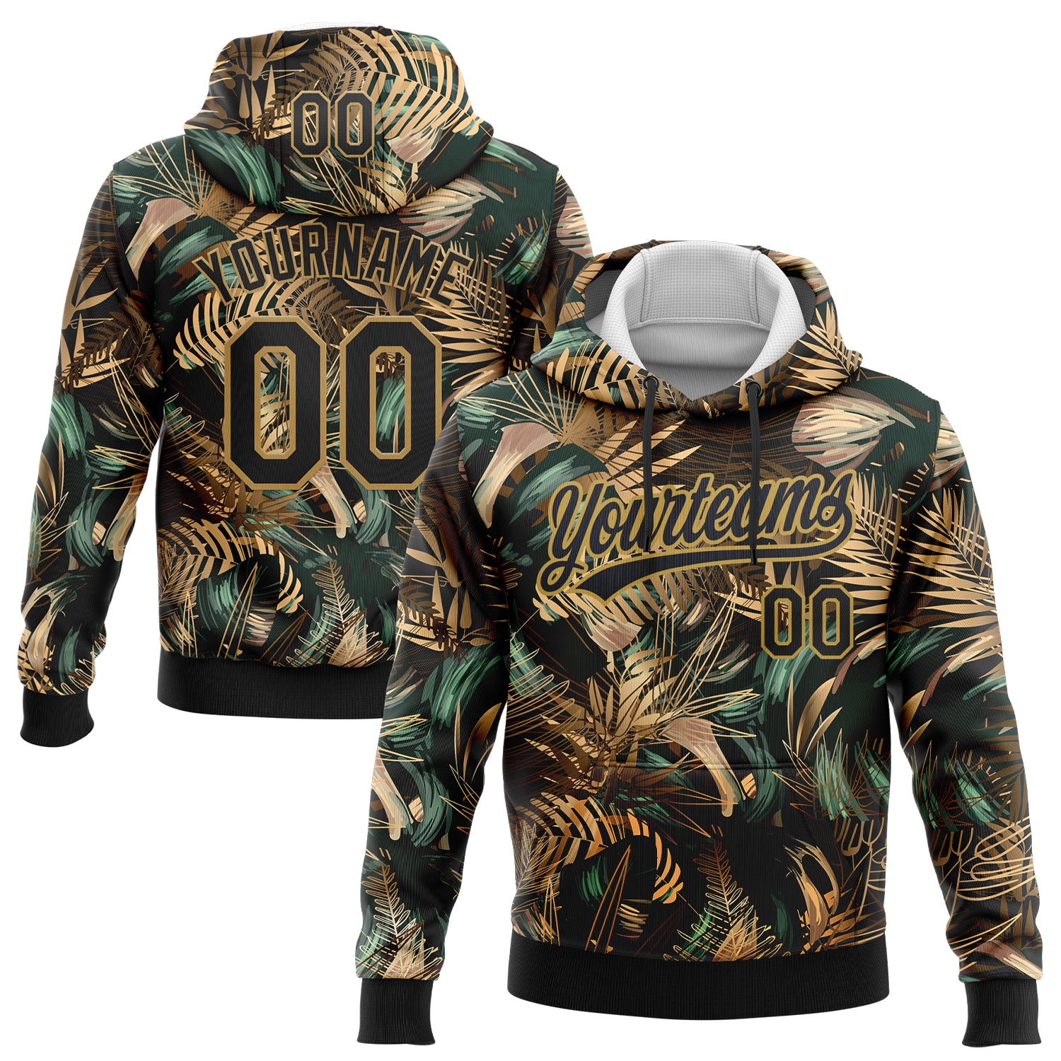 Custom Stitched Black Old Gold 3D Tropical Leaves In The Style Of Jungle And Hawaii Sports Pullover Sweatshirt Hoodie