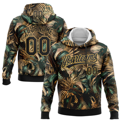 Custom Stitched Black Old Gold 3D Tropical Leaves In The Style Of Jungle And Hawaii Sports Pullover Sweatshirt Hoodie