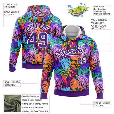 Custom Stitched Purple White 3D Hawaii Palm Trees Sports Pullover Sweatshirt Hoodie