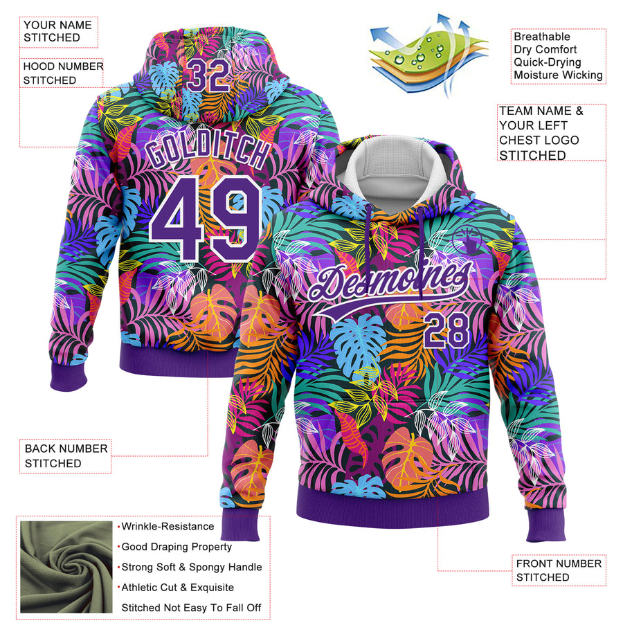Custom Stitched Purple White 3D Hawaii Palm Trees Sports Pullover Sweatshirt Hoodie