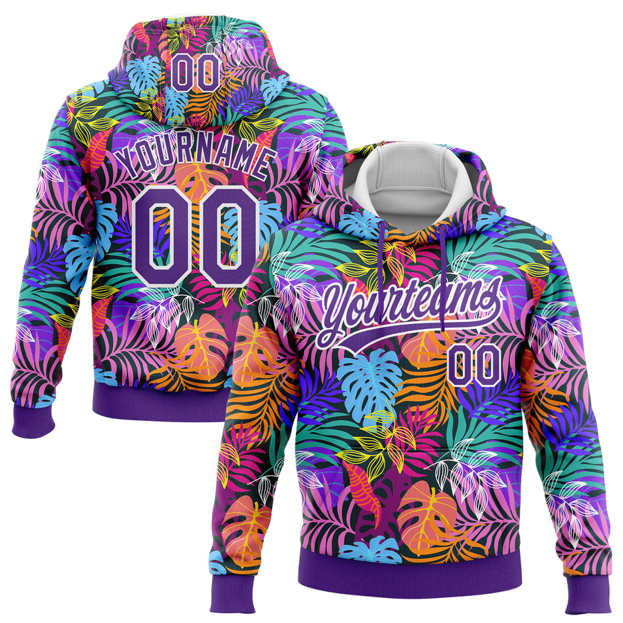 Custom Stitched Purple White 3D Hawaii Palm Trees Sports Pullover Sweatshirt Hoodie