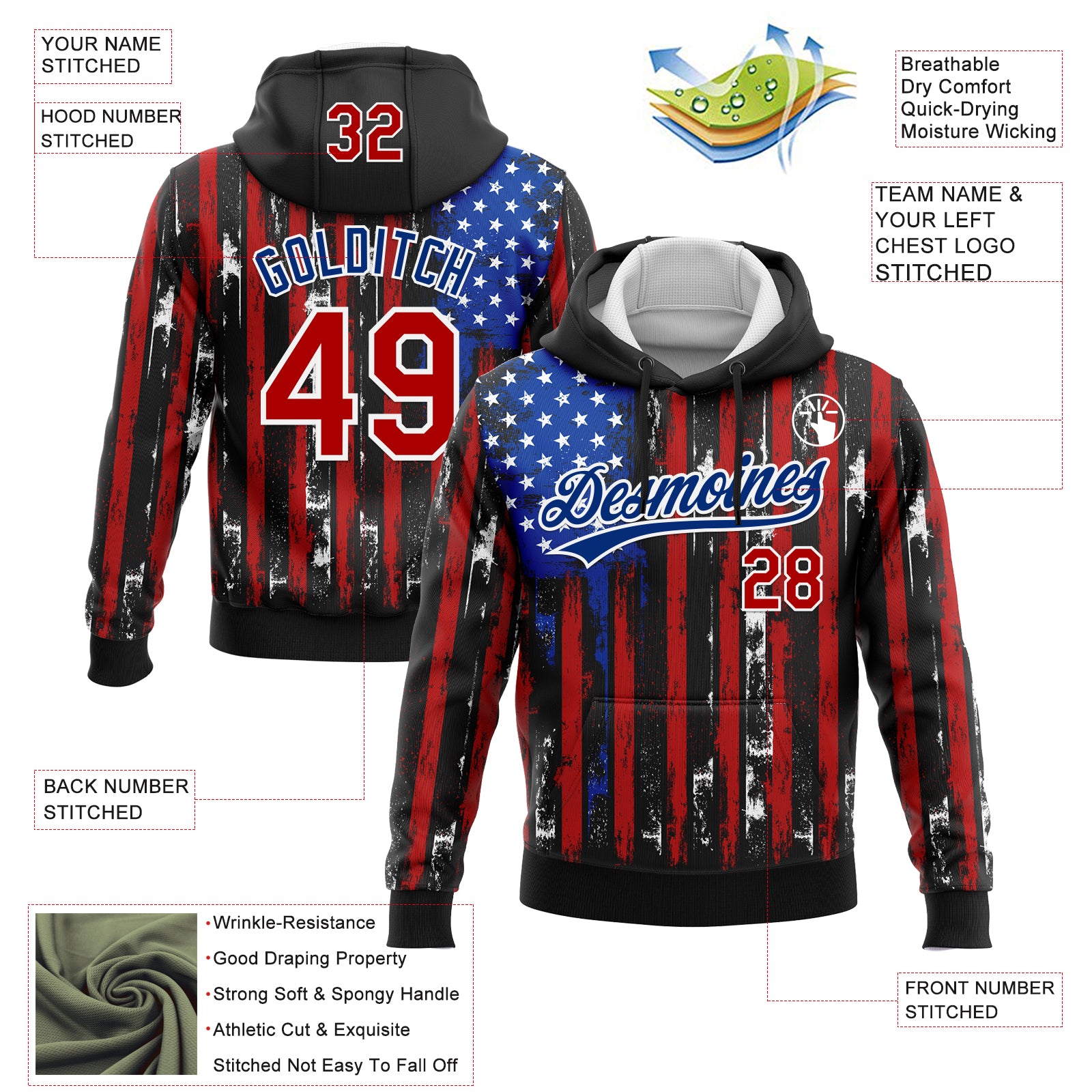 Custom Stitched Black Red Royal-White 3D Distressed American Flag Sports Pullover Sweatshirt Hoodie