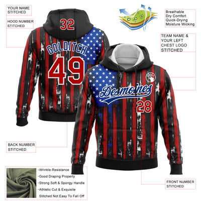 Custom Stitched Black Red Royal-White 3D Distressed American Flag Sports Pullover Sweatshirt Hoodie