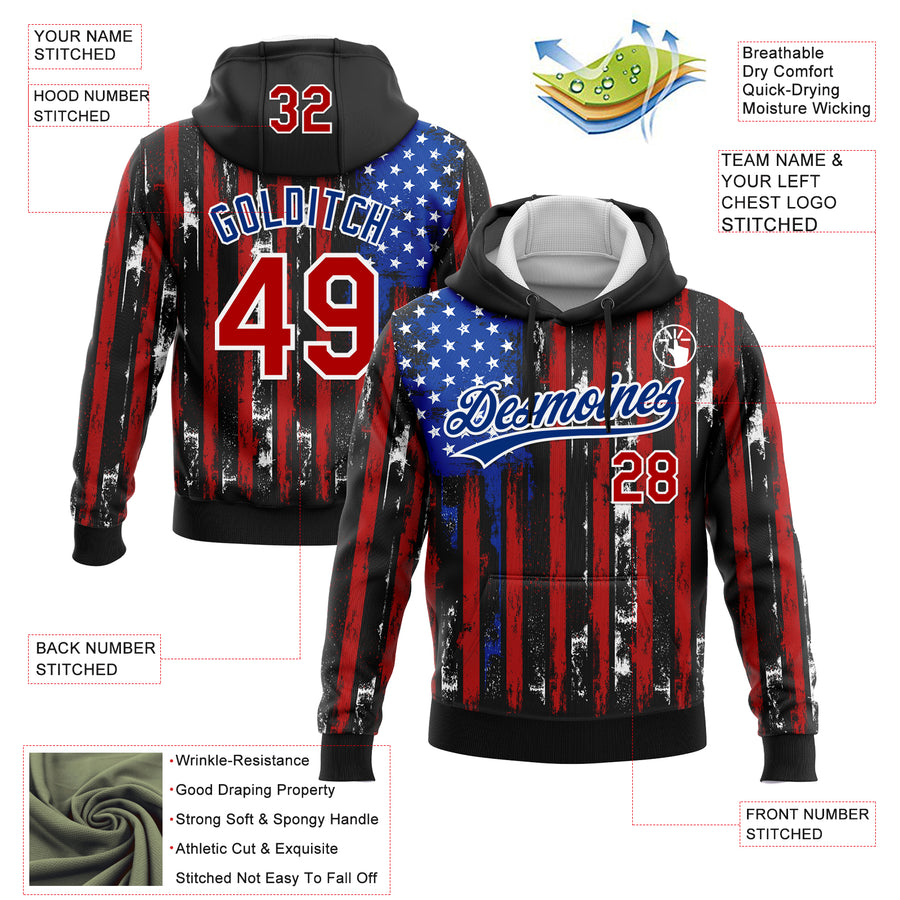 Custom Stitched Black Red Royal-White 3D Distressed American Flag Sports Pullover Sweatshirt Hoodie