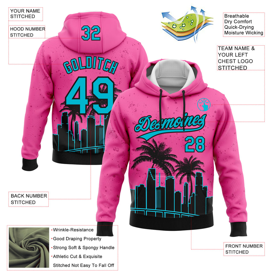 Custom Stitched Pink Sky Blue-Black 3D Miami Palm Trees City Edition Sports Pullover Sweatshirt Hoodie