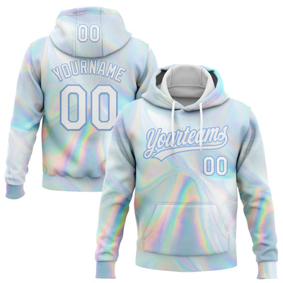 Custom Stitched White Light Blue 3D Pattern Design Abstract Trendy Holographic Vaporwave Style Sports Pullover Sweatshirt Hoodie