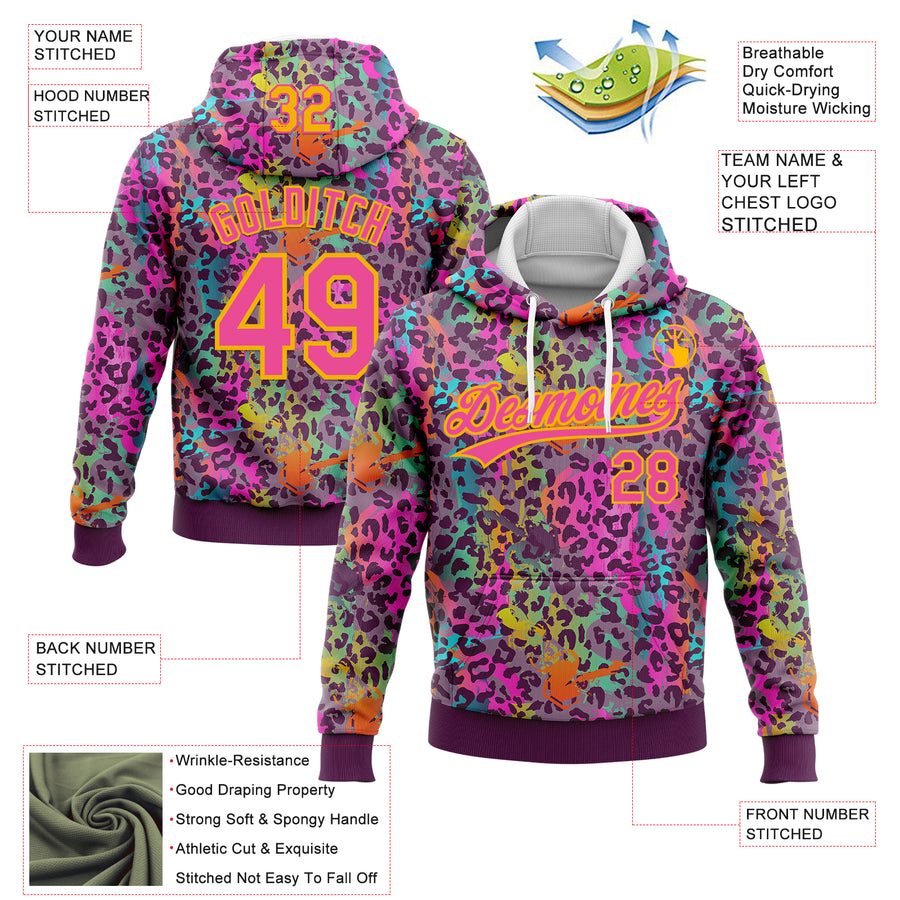 Custom Stitched Graffiti Pattern Pink-Gold 3D Colorful Leopard Print Sports Pullover Sweatshirt Hoodie