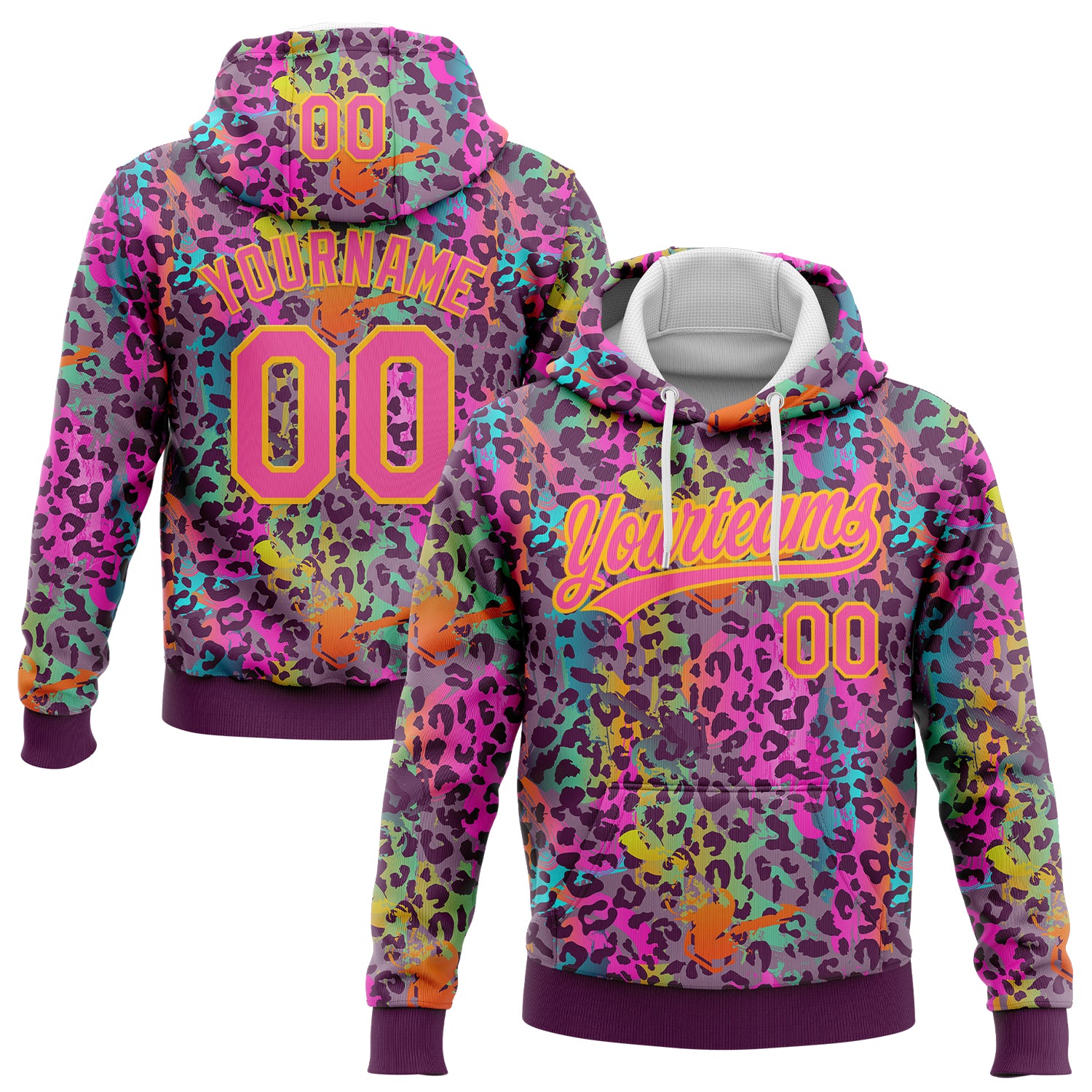 Custom Stitched Graffiti Pattern Pink-Gold 3D Colorful Leopard Print Sports Pullover Sweatshirt Hoodie