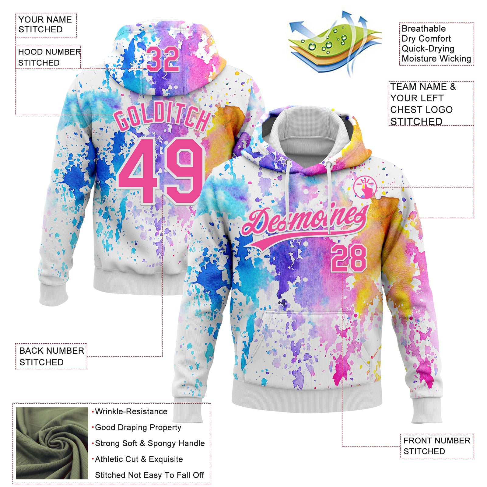 Custom Stitched White Pink 3D Pattern Design Watercolor Grunge Art Sports Pullover Sweatshirt Hoodie