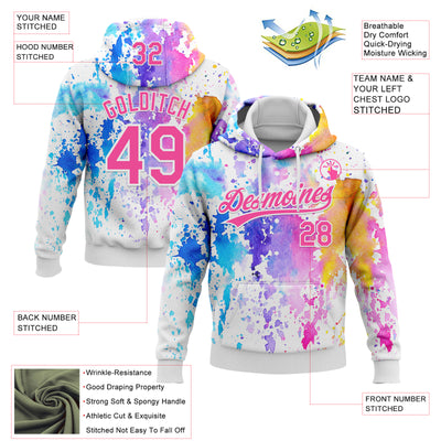 Custom Stitched White Pink 3D Pattern Design Watercolor Grunge Art Sports Pullover Sweatshirt Hoodie