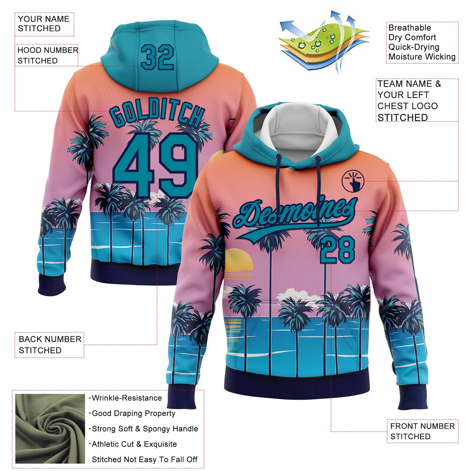 Custom Stitched Orange Teal Pink Blue-Navy 3D Sun Beach Hawaii Palm Trees Sports Pullover Sweatshirt Hoodie