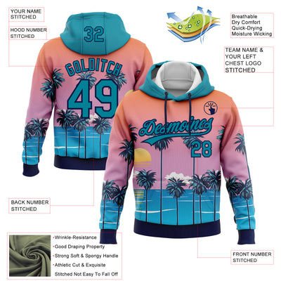 Custom Stitched Orange Teal Pink Blue-Navy 3D Sun Beach Hawaii Palm Trees Sports Pullover Sweatshirt Hoodie