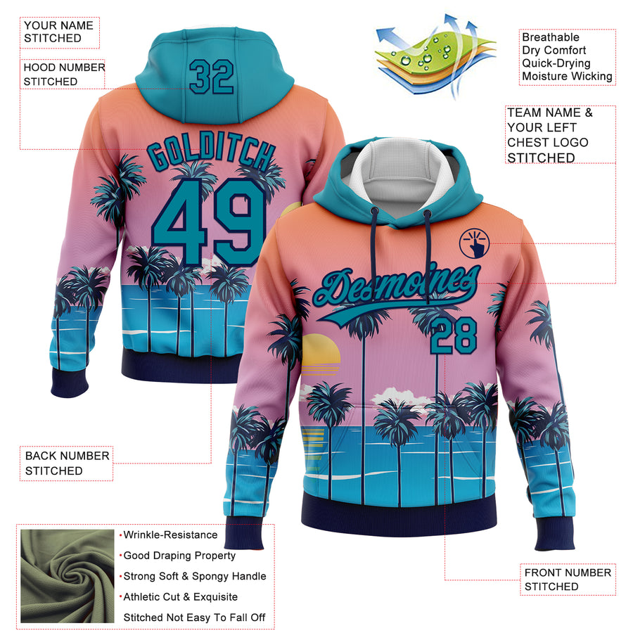 Custom Stitched Orange Teal Pink Blue-Navy 3D Sun Beach Hawaii Palm Trees Sports Pullover Sweatshirt Hoodie