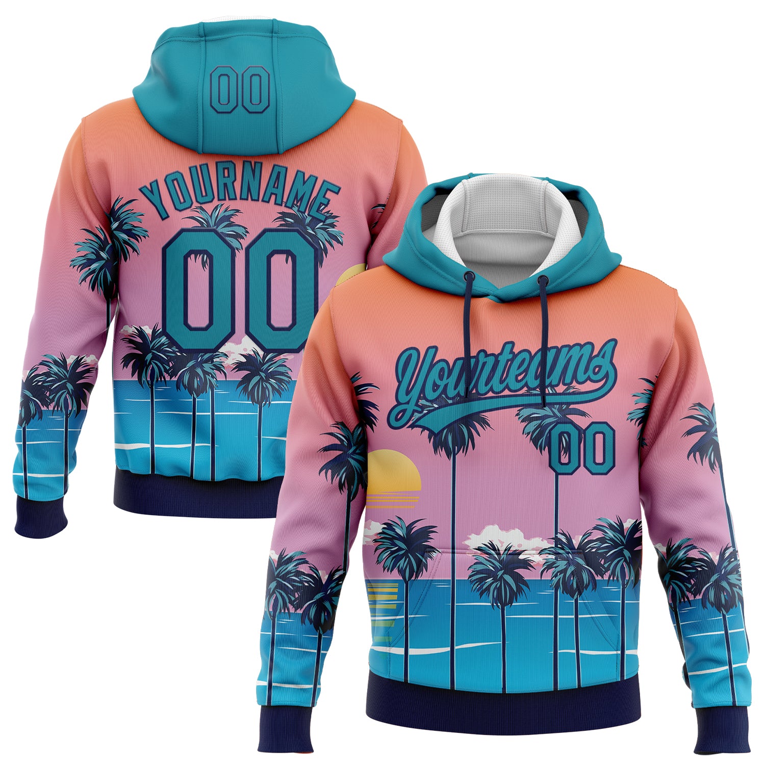 Custom Stitched Orange Teal Pink Blue-Navy 3D Sun Beach Hawaii Palm Trees Sports Pullover Sweatshirt Hoodie