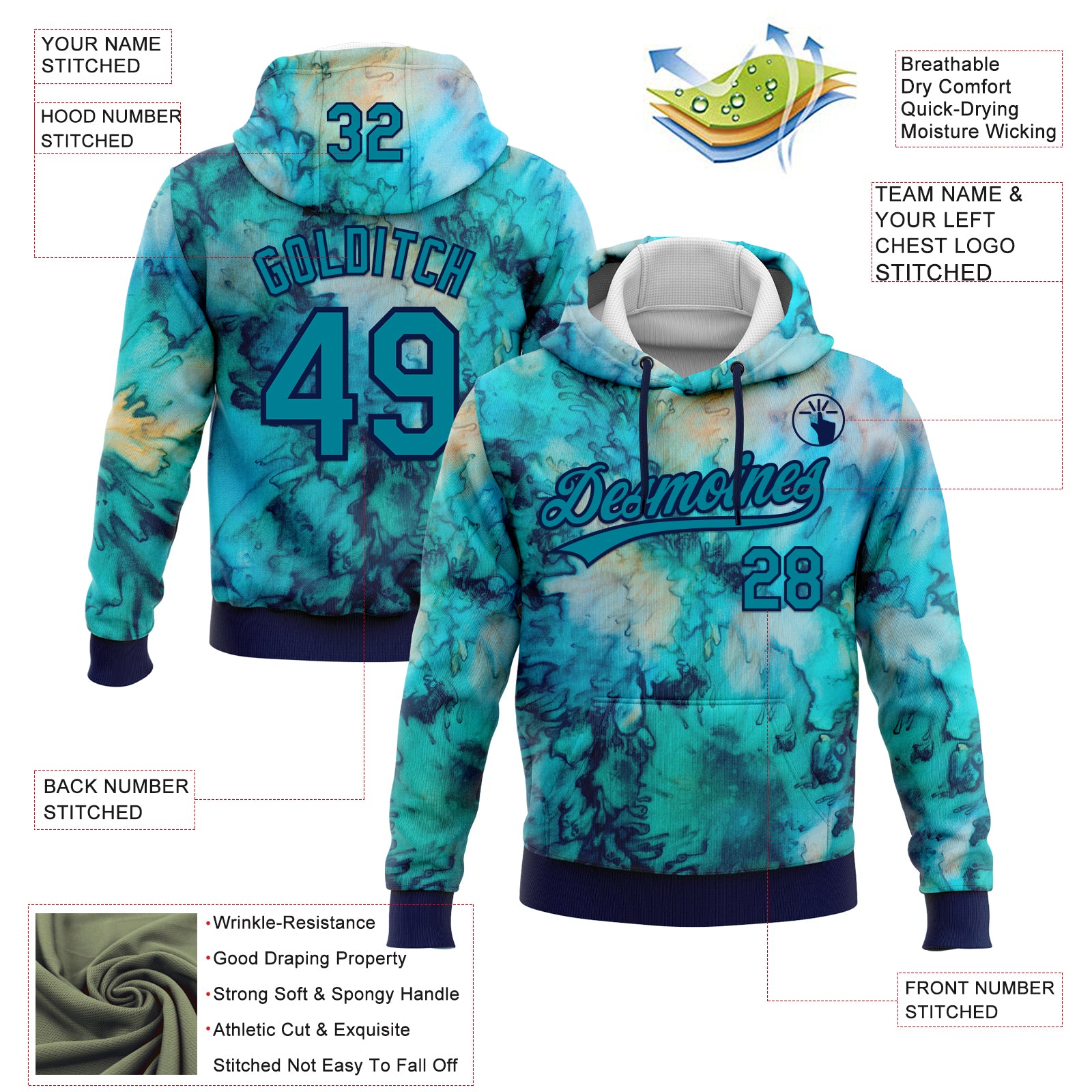 Custom Stitched Tie Dye Teal-Navy 3D Sports Pullover Sweatshirt Hoodie