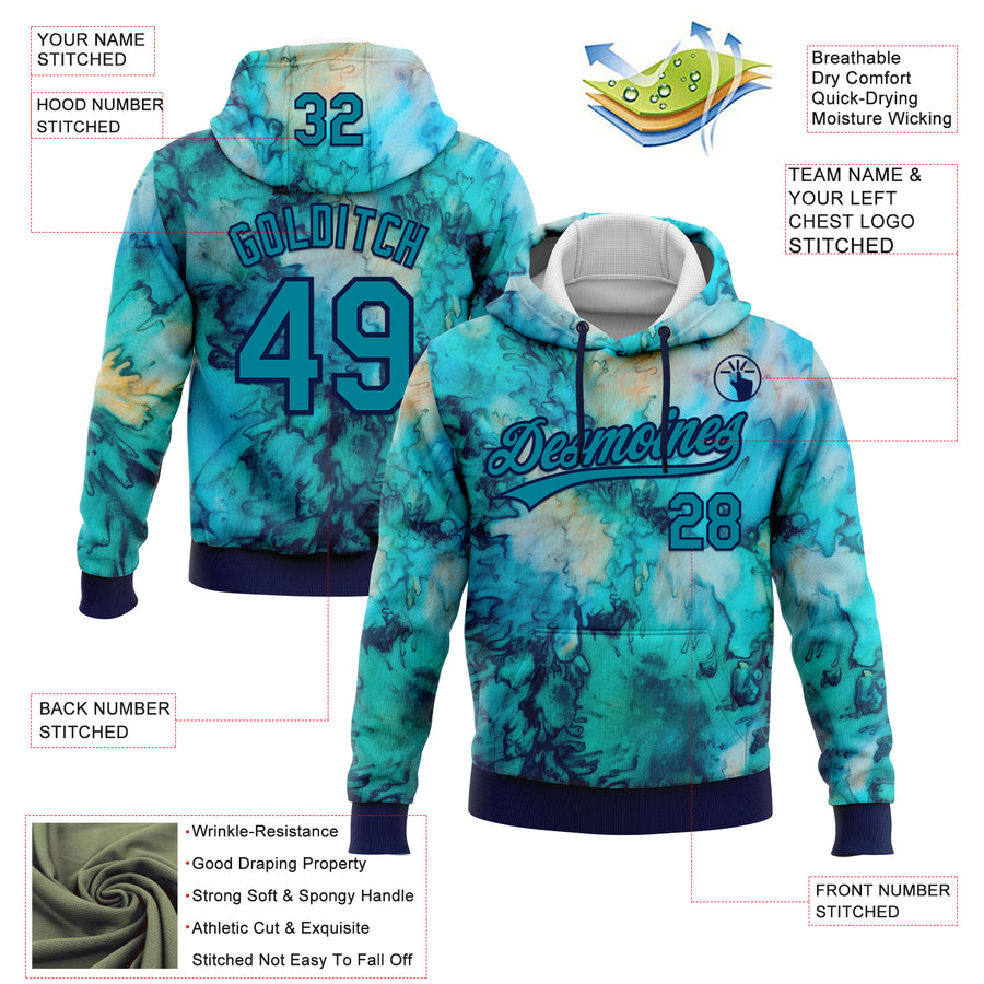 Custom Stitched Tie Dye Teal-Navy 3D Sports Pullover Sweatshirt Hoodie
