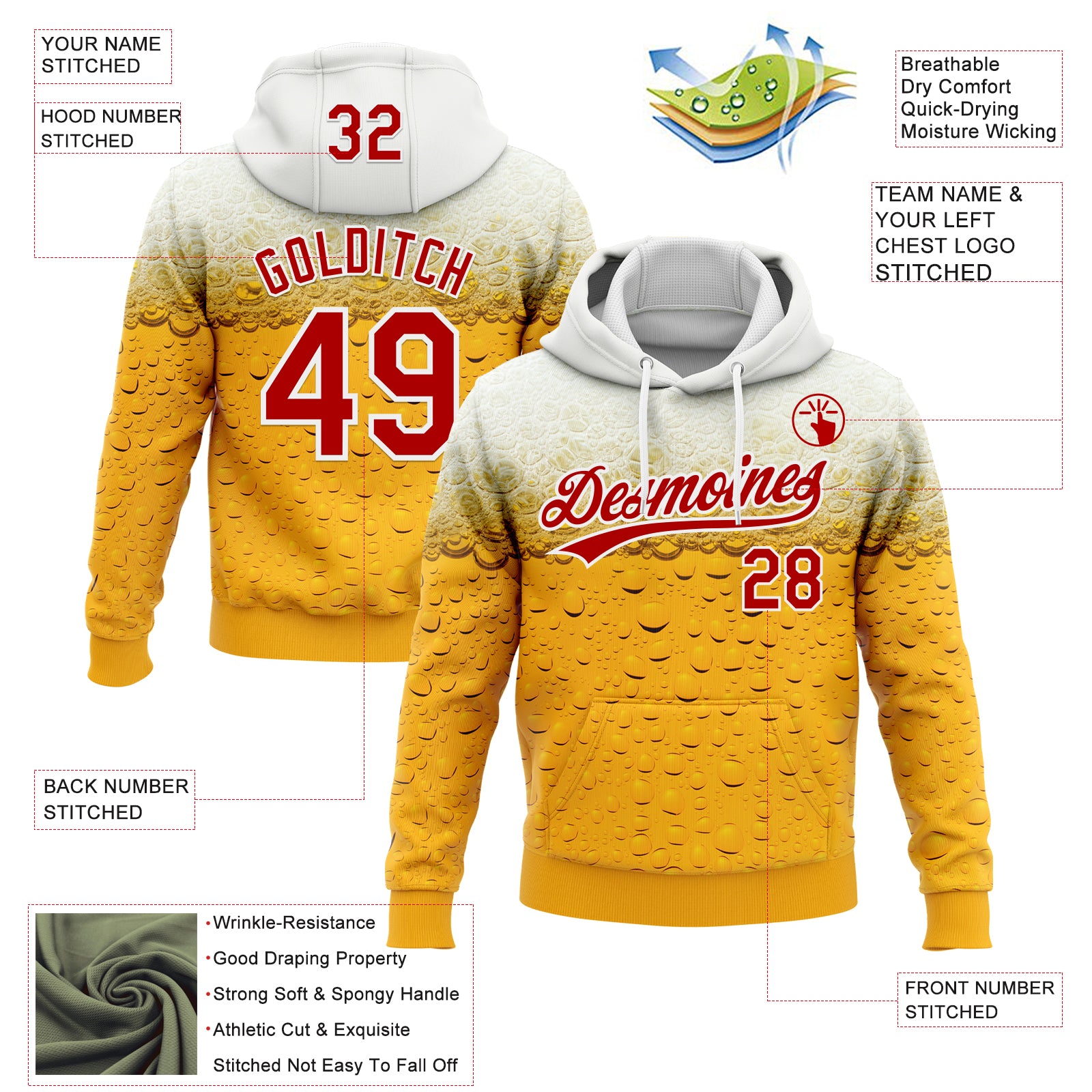 Custom Stitched Yellow Red-White 3D Pattern Design Beer Sports Pullover Sweatshirt Hoodie
