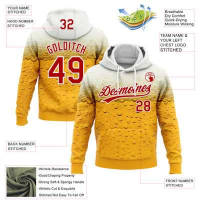 Custom Stitched Yellow Red-White 3D Pattern Design Beer Sports Pullover Sweatshirt Hoodie
